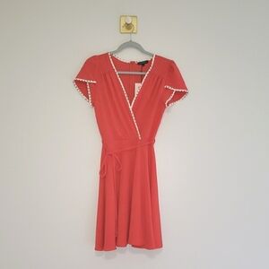 Smak Parlour NWT Mini Dress XS Coral Pink Faux Wrap Dot Trim Pin Up Rockabilly